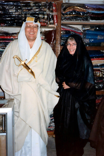 Colin and Shirley in traditional Middle Eastern dress