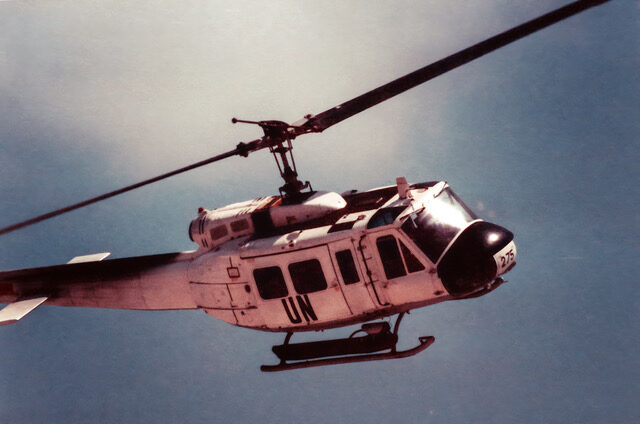 A United Nations helicopter in flight